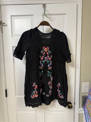 Free People Black Mini Dress with Multicolor Floral Embroidery thumbnail 2