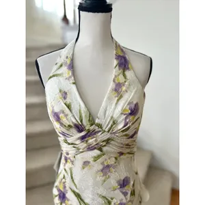 NWT Azazie Atelier Leora Tulip Print White Halter Maxi Dress thumbnail 4