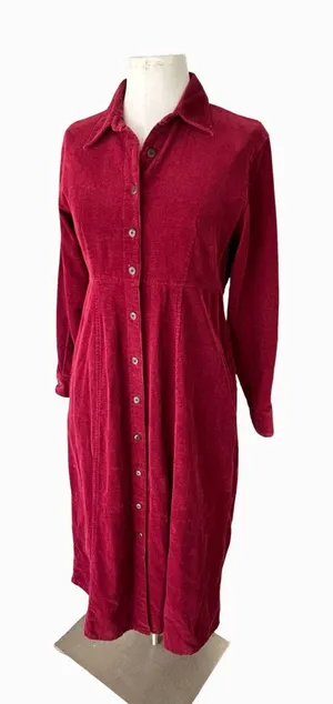 Vintage 90s Eddie Bauer Corduroy Maxi Shirt Dress Women’s 8 Petite Red Cottage thumbnail 1