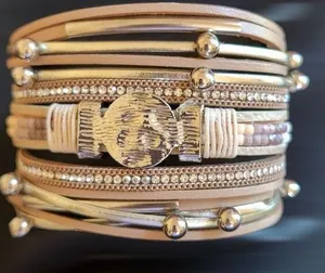 Beige Multi-Layer Leather Wrap Bracelet with Rhinestone Accents thumbnail 1
