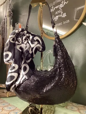 Giannini Black Sequin Hobo Shoulder Bag‎ with Scarf Accent Faux Leather Strap thumbnail 1