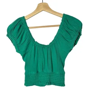 Free‎ People We the Free Brighter Days Green Button Front Short Sleeve Crop Top thumbnail 3