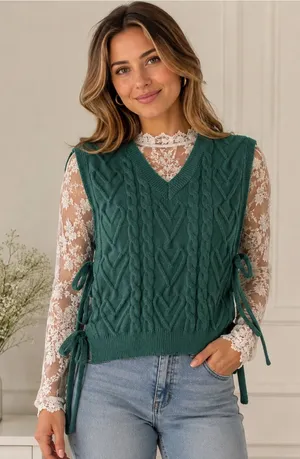 She & Sky Vintage Inspired Cable Knit V-Neck Side Tie Sweater Vest - Green thumbnail 1