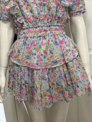 LoveShackFancy 100% Cotton Smocked Ruffle Mini Dress Blue & Pink Floral Size XS thumbnail 5