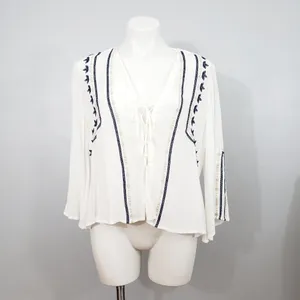 Lush Clothing Boho Peasant Blouse White Blue Embroidered Lace Up Bell Sleeve Top Womens L thumbnail 7