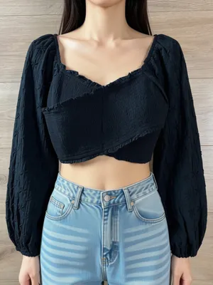 American Eagle Black Long Sleeve Smocked Crop Top Medium thumbnail 1