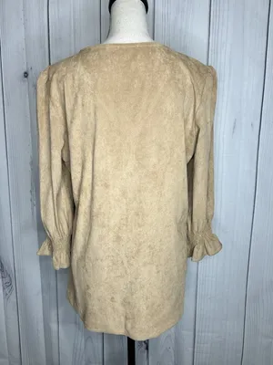 Aryeh Tunic Top Faux Suede Tan Camel V-Neck Smocked Ruffle Cuff Sz L Boho Chic thumbnail 8