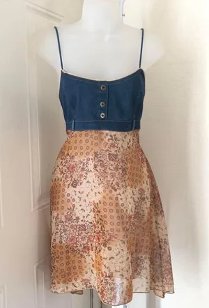 Carolina Blues 2000s Y2K boho hippie Tan navy blue jean denim patchwork midi dress with button front cami spaghetti strap #festival Size 8/M, measurements in pics thumbnail 1