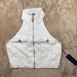 Vintage Y2K R.V.T. White Zip-Front Halter Denim Vest thumbnail 1