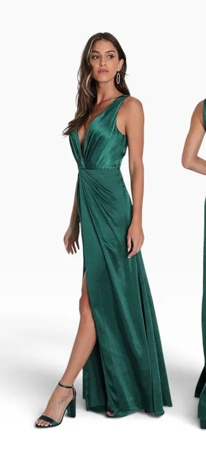 Lulus Perfect Refinement Emerald Satin Sleeveless Pleated Maxi Dress size M NWT thumbnail 1