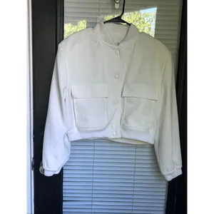 Zara Cream Linen Blend Snap Button Mock Neck Cropped Bomber Varsity Jacket L thumbnail 14