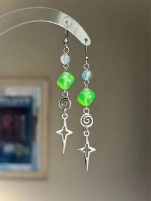 Handmade sparkle star & swirl & dice grunge y2k street style dangle earrings💫🌀💚 thumbnail 2