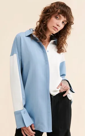 4th + Reckless Taryn Color Block Long Sleeve Button Down Shirt Blue White Medium thumbnail 1
