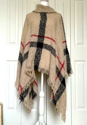 Turtleneck Tan Plaid Shaggy Tassel Poncho Cape One Size thumbnail 1