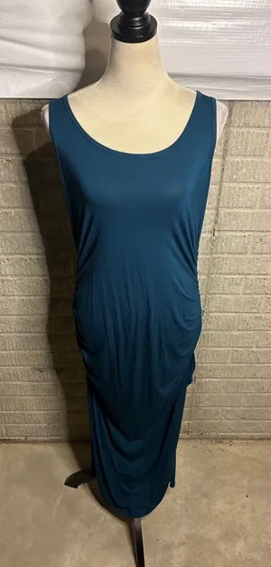 SMALLSHOW Teal Ruched Midi Dress Side Slit‎ Tank Sleeveless Women's Size L thumbnail 1