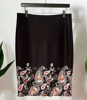 New York And Company Elegant Black Embroidered Paisley Stretch Back Kick Skirt Medium thumbnail 6