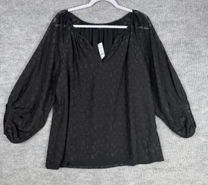 White House Black Market‎ Size-L Women Blouse Texture Sheer Black 3/4 sleeve thumbnail 1