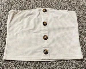 Chic White Ribbed Faux Button Tube Top Size M thumbnail 2
