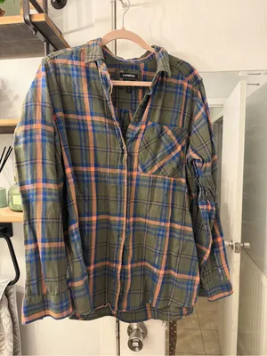 Express Olive Plaid Button-Down Shirt with Blue and Peach Accents thumbnail 1