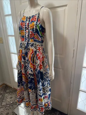 Farm Rio Cotton Floral Print Maxi Dress Eyelet Midi Fit Flare Dress Size XSmall thumbnail 7