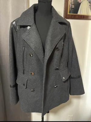 MICHAEL Michael Kors Women’s XL Gray Wool Blend Moto Peacoat Faux Leather Trim thumbnail 1