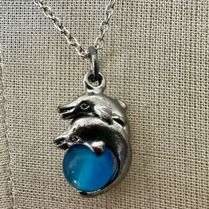 Vintage Dolphin Pendant Necklace with Blue Glass Orb thumbnail 2