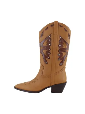 NWT Madden Girl Faux Leather Stud Pointed Toe Western Boots Natural Brown 8M thumbnail 2