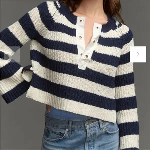 Anthropologie Pilcro Sweater Women's Navy Ivory Stripes‎ Cotton Knit Bell-Sleeve Size XS thumbnail 1