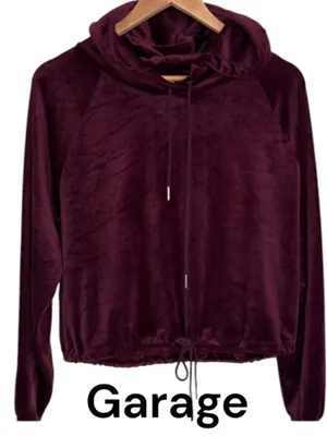 Garage velour cropped long sleeve hoodie Plush Burgundy large drawstring soft thumbnail 1