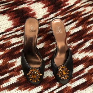Yellow Box Y2K Glamour Evening Brown Black Gold Genuine Leather Jewel Fur Hair Kitten Heel Shoes Pumps Sandal Mules Open Peep Toe #whimsygoth #prom #dinner #evening #formal Size 7.5 thumbnail 2