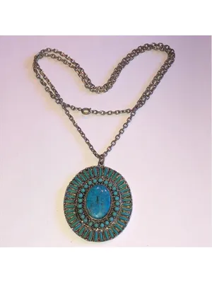 Vintage Faux Turquoise Color and Silver Tone Boho Pendant Necklace thumbnail 2