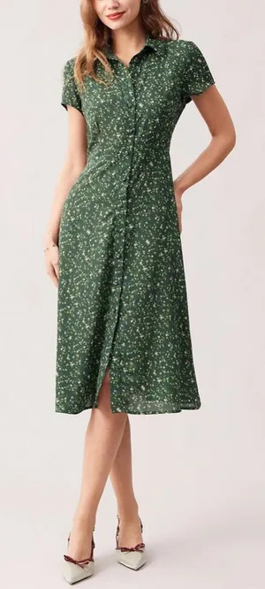 Rihoas Green Lapel Button Up Floral Midi Dress thumbnail 1
