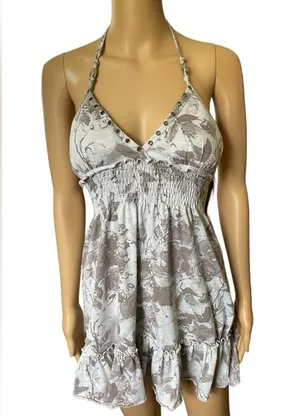 Papaya Y2K Gray Skater Grunge Hippie Grommet Floral Ruffle Mini Halter Top Dress thumbnail 1