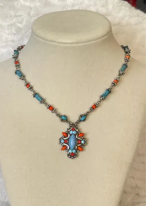 Southwestern Turquoise Coral Style Necklace Silver Tone Statement Pendant Boho thumbnail 6