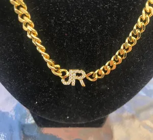 NWOT Stainless Steel Gold Tone Chain Necklace with Rhinestone "JR" thumbnail 1