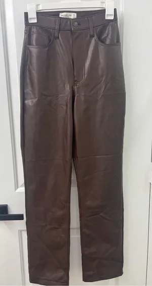 Abercrombie & fitch the 90s straight ultra high rise brown leather pants thumbnail 1