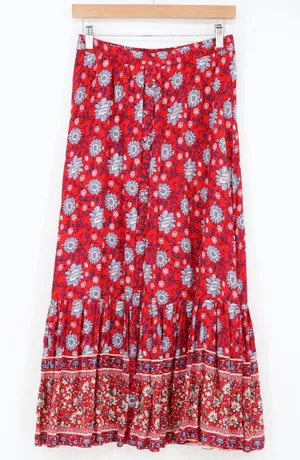 Mango Maxi Skirt Womens S Casual Red Floral Tiered Bohemian Long Excellent thumbnail 1