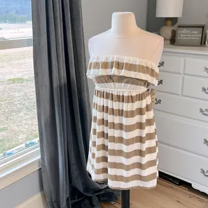 Forever 21 Strapless Oatmeal Taupe Striped Mini Dress Knit Beach Coverup Womens Small thumbnail 6
