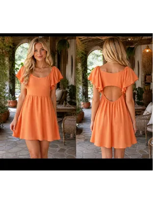 Women's See You Monday Orange Ruffle Sleeve Open Back Mini Dress M thumbnail 2
