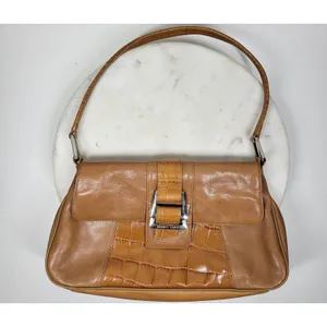 VTG Franco Sarto Y2K Leather Shoulder Bag Tan Alligator Trim Baguette Purse thumbnail 8