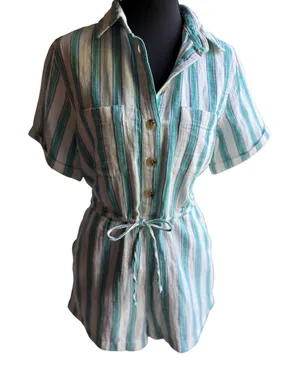 Old Navy XS Petite Coastal Stripe Cotton Romper Blue Green Drawstring Pockets thumbnail 1