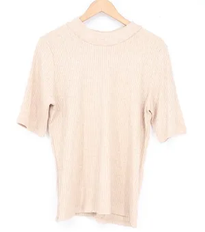 Calvin Klein Womens Ribbed Mock Neck Elbow Sleeve Top Oatmeal Beige L thumbnail 1