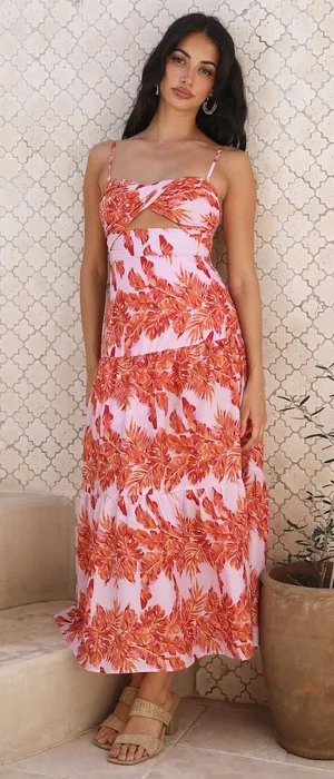 HELLO MOLLY Annita Maxi Dress Pink Orange Tropical Cutout Open Back | Small thumbnail 1