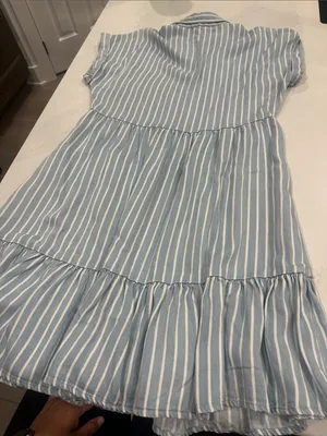 Versona blu pepper chambray striped button down tiered dress cuffed short sleeve thumbnail 4
