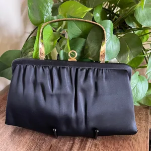 Vintage Ande Black Satin Evening‎ Bag Gold Handle Clutch Party Purse Formal thumbnail 10