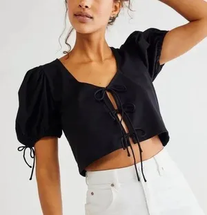 Free People Puff Sleeve Tie Front Top thumbnail 1