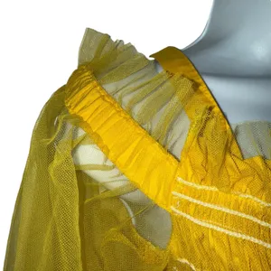 IRIS Bright Lemon‎ Yellow Smocked Cold Shoulder Tulle Puff Sleeve Peplum Top M thumbnail 4