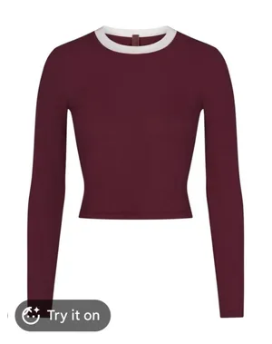 SKIMS Soft Lounge Wine Ribbed Long-Sleeve Ringer Cropped Crew White Neck Trim thumbnail 1