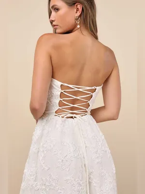 NWT LULUS | Galena Ivory Lace Applique Strapless Midi Dress, S thumbnail 2