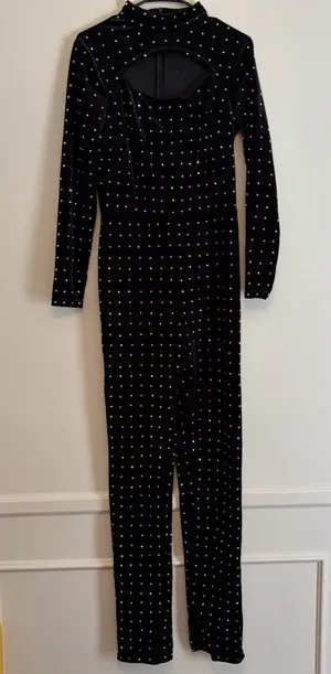 runway collection johnathan kayne Large Black velvet jumpsuit jewel Formal Party thumbnail 1